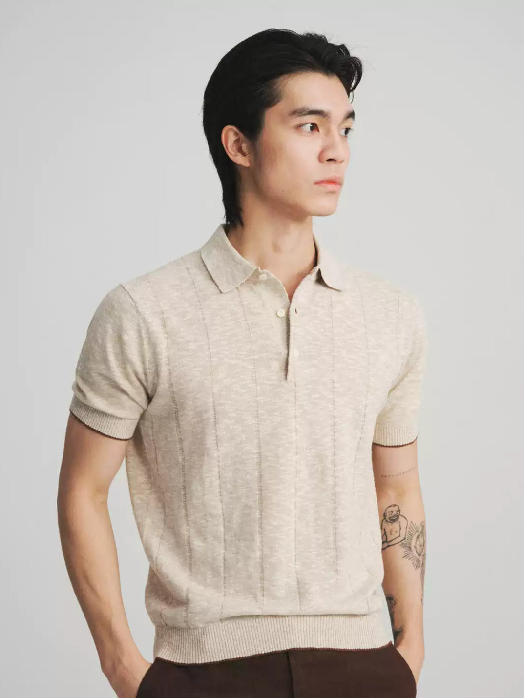 Linen Cotton Blend Striped Polo Shirt - Coastal Apricot