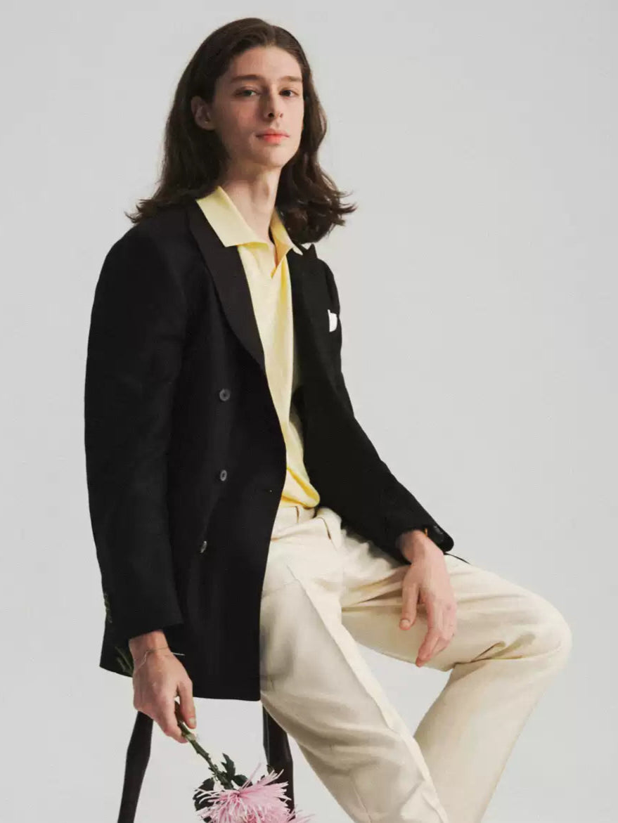 Herringbone Double Breasted Suit Jacket - Black Enigma