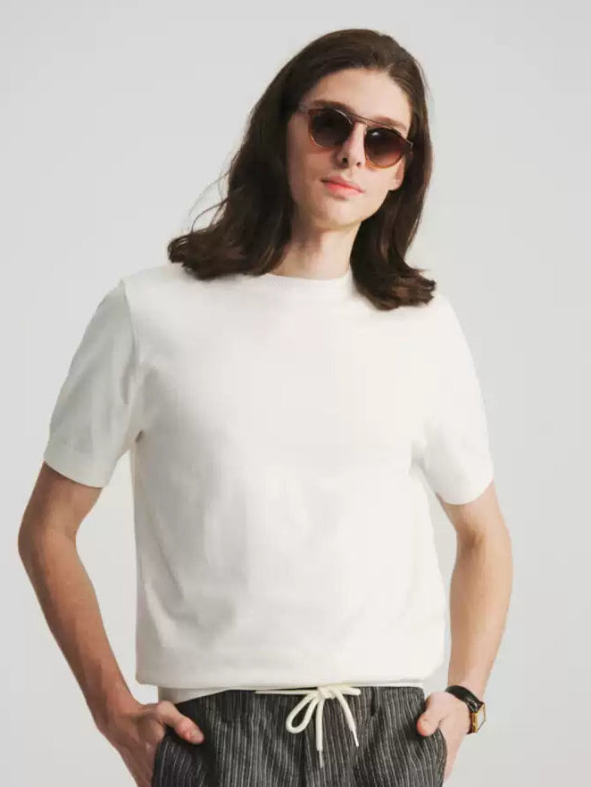 Cotton Knit Crew Neck T-Shirt - White