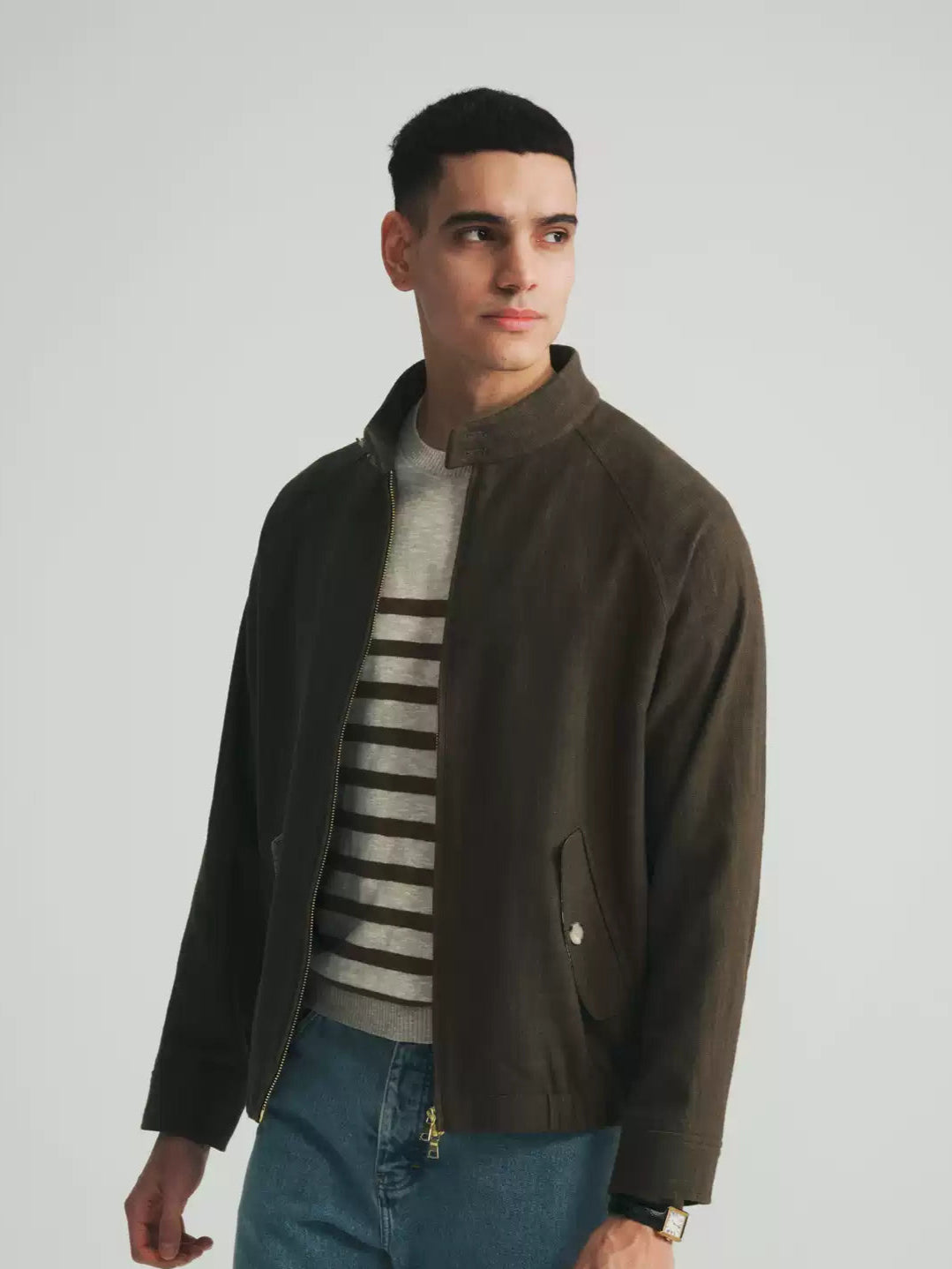 Linen Harrington Jacket - Dark Olive Green