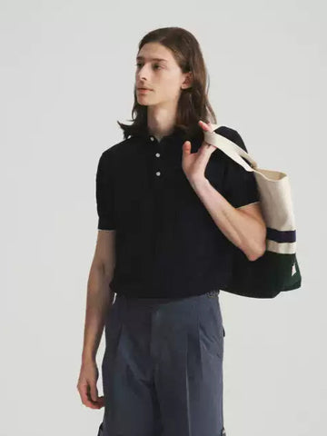 Linen Cotton Blend Stripe Polo - Black