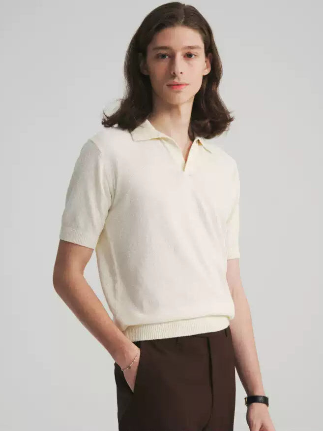 Cotton Piqué V-Neck Polo - Off White