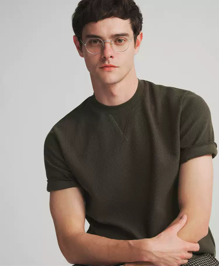Waffle Knit Crew Neck T-Shirt - Military Olive