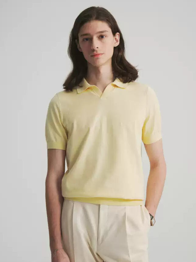 Cotton Blend V-Neck Polo - Lemon Cream