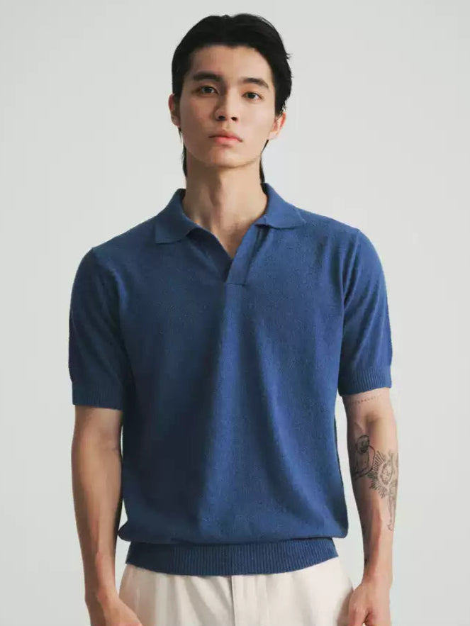 Cotton Blend V-Neck Polo - Riviera Blue