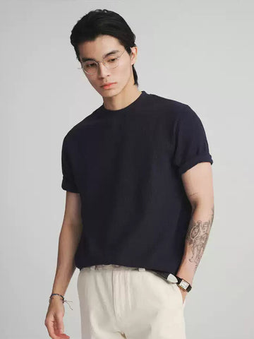 Waffle Knit Crew Neck T-Shirt - Harbour Blue