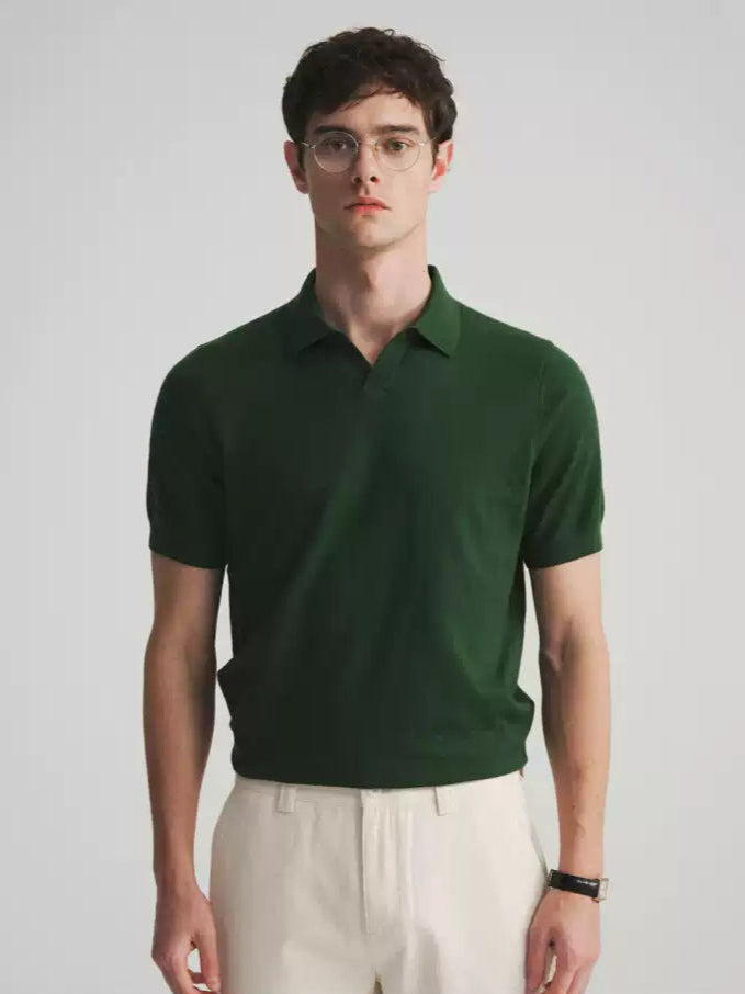 Cotton Knit V-Neck Polo - Forest Moss